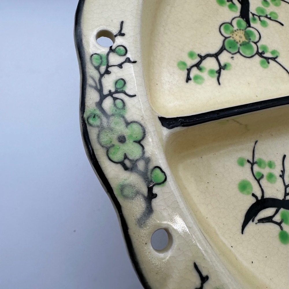 Vintage Moriyama Hand Painted Japan Green Floral Divided Relish Dish 11" - Picture 6 of 6